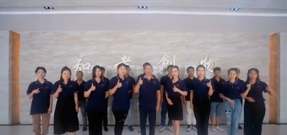 The Handingsheng team in matching navy shirts standing together in the office hall